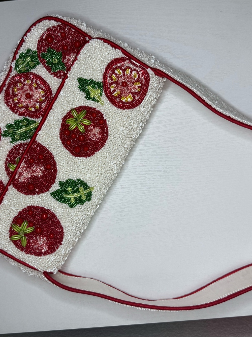 Beaded White Clutch with Red & Green Floral Accents - Picture 2 of 5